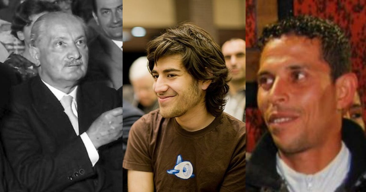 Photos of three people discussed in the article: Heidegger, Swartz, and Bouazizi.