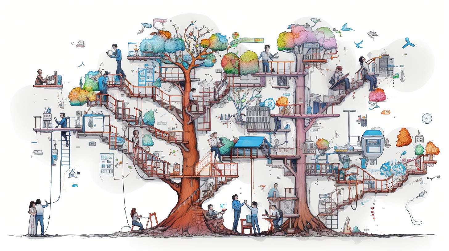 Alt text: A watercolor painting of a tree with stairs leading along its branches, populated by people engaged in different activities.