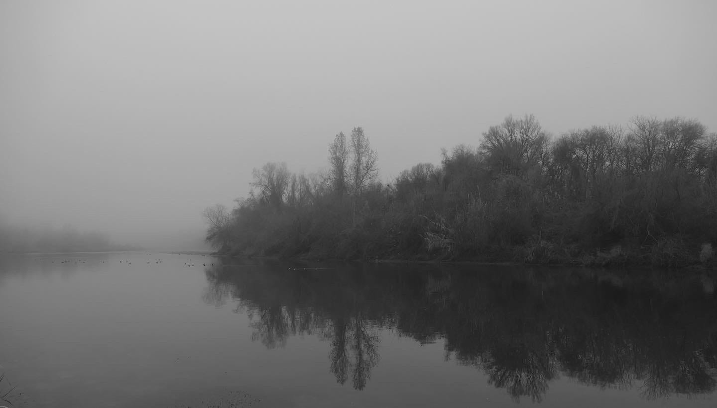 Black and white photo of a river in fog, with reflected trees in the foreground