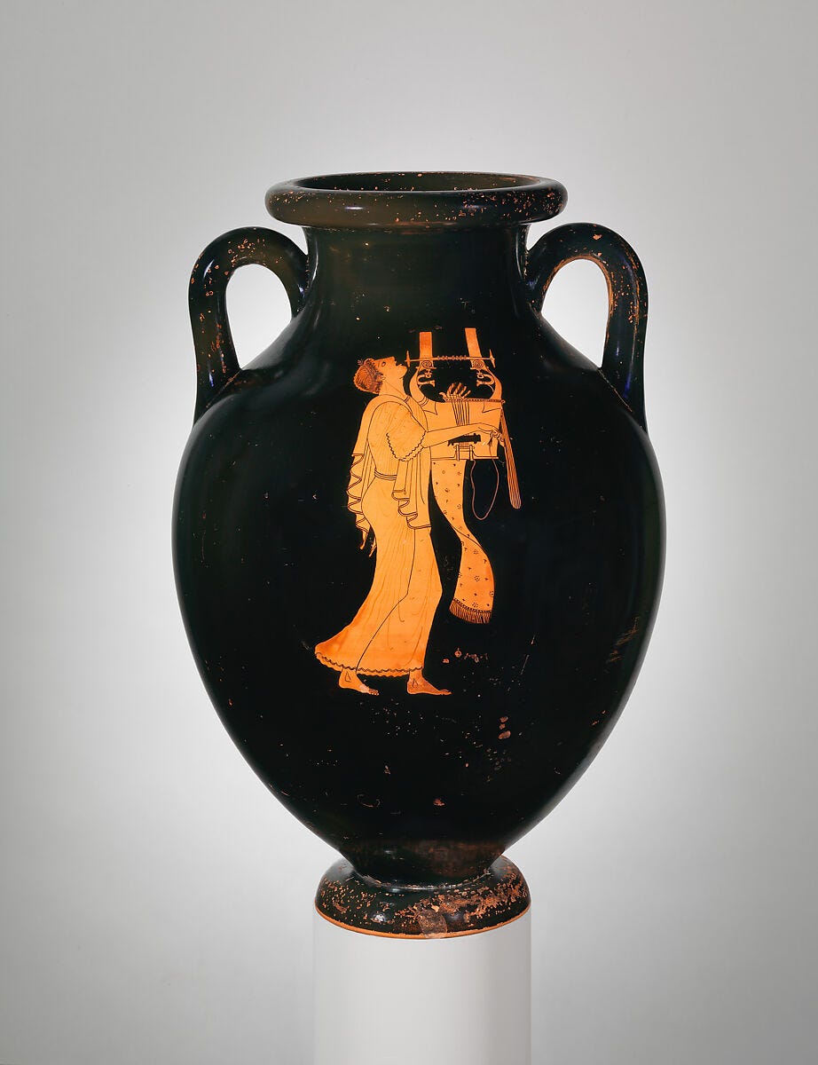 Terracotta amphora (jar), Attributed to the Berlin Painter, Terracotta, Greek, Attic 