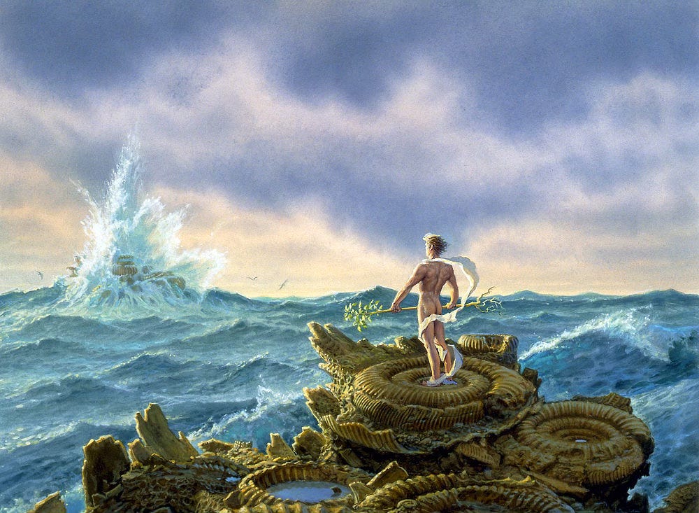 A muscular man stands on an island made of broken ammonite fossils. He wears no clothes except a long white scarf that loosely winds around him. In his hands, he holds an uprooted tree, long and thin, as he faces turbulent seas. In the distance, waves crash into another mound of ammonites, shooting spray upward as water envelops the tiny island.