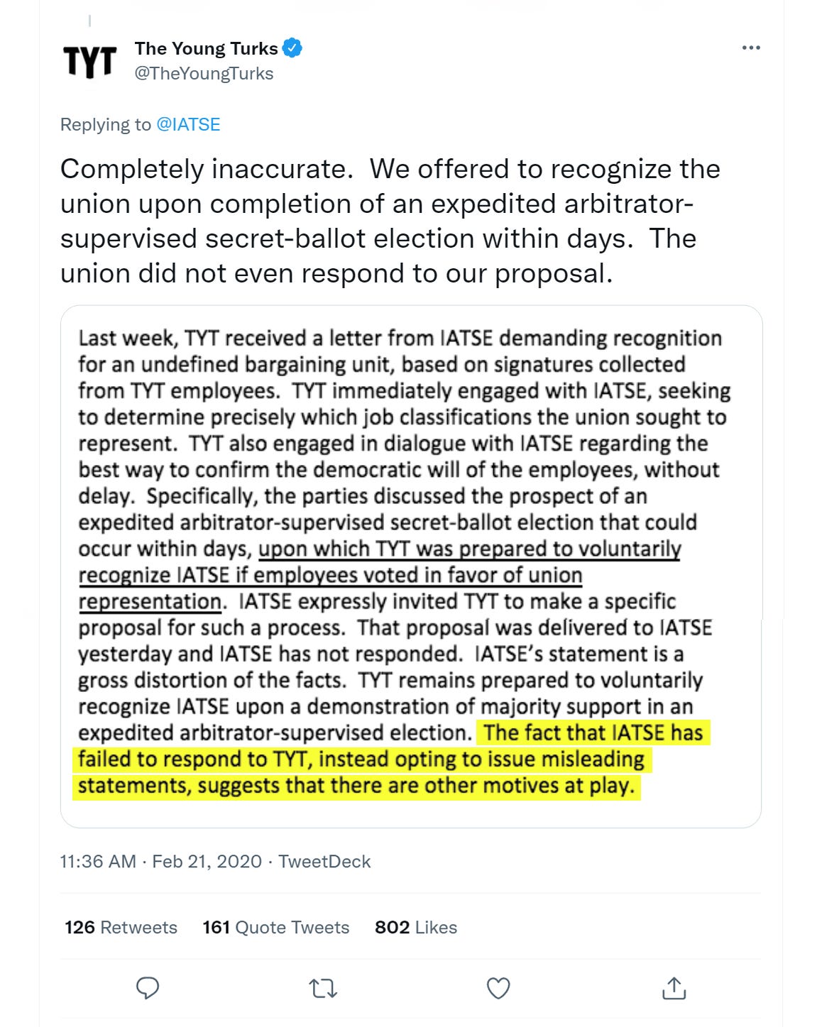 Tweet from The Young Turks with an image statement that has yellow highlighted text reading "The fact that IATSE has failed to respond to TYT, instead opting to issue misleading statement, suggests that there are other motives at play.”