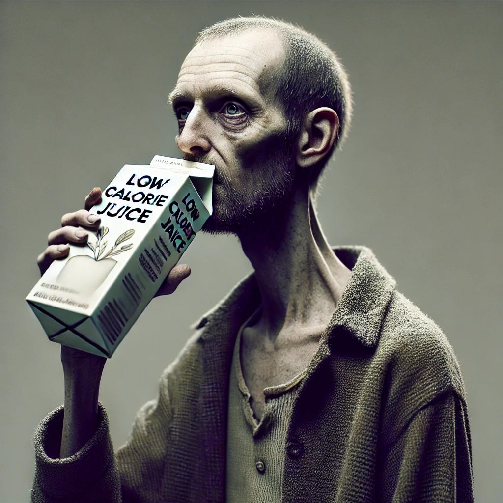 A hyper-realistic image of a skinny, hungry-looking man drinking from a carton labeled 'Low Calorie Juice.' The man appears frail, with hollow cheeks and worn clothing. The milk carton he's holding prominently displays the words 'Low Calorie Juice' in bold, easy-to-read font. The background is neutral, drawing attention to the man and the carton. The lighting is dim and gritty, adding a somber atmosphere to the scene.