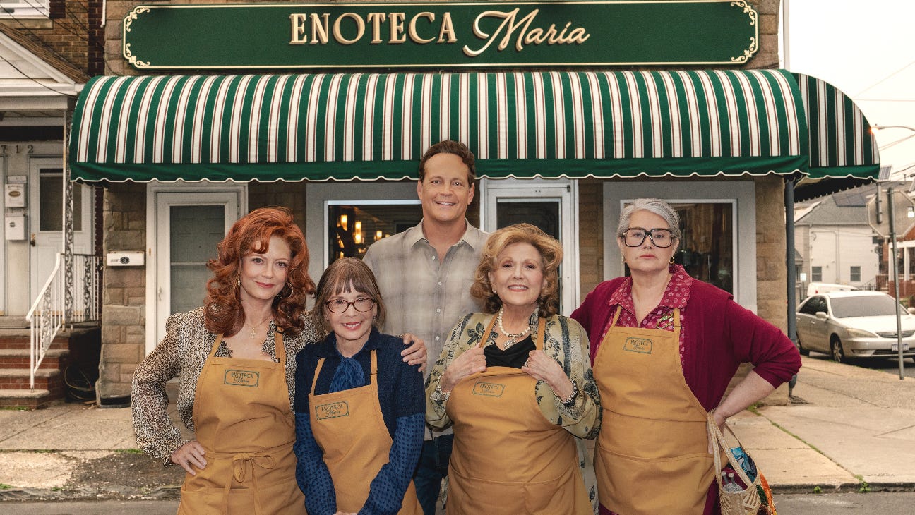(L-R) Susan Sarandon as Gia, Talia Shire as Teresa, Vince Vaughn as Joe Scaravella, Brenda Vaccaro as Antonella and Lorraine Bracco as Roberta in 'Nonnas.'