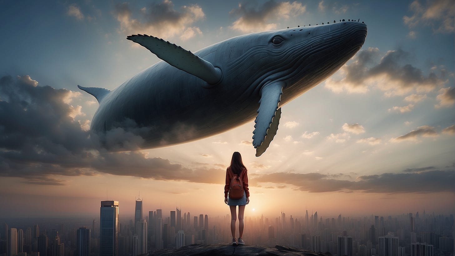Photograph of a giant whale gliding in the distant sky above the beijing ,a asian young beautiful woman looking up,shocking and beautiful, dusk,fantasy, back view
