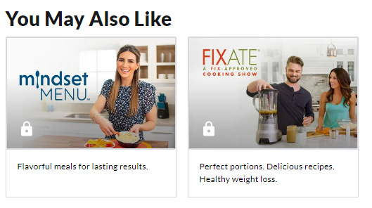 A picture of a thin woman cooking food for the Mindset MENU – “Flavorful meals for lasting result”  What kind of results, I wonder?  A thin man and thin woman with food in a blender. FIXATE A Fix-approved cooking show. Perfection portions. Delicious recipes. Healthy weight loss.