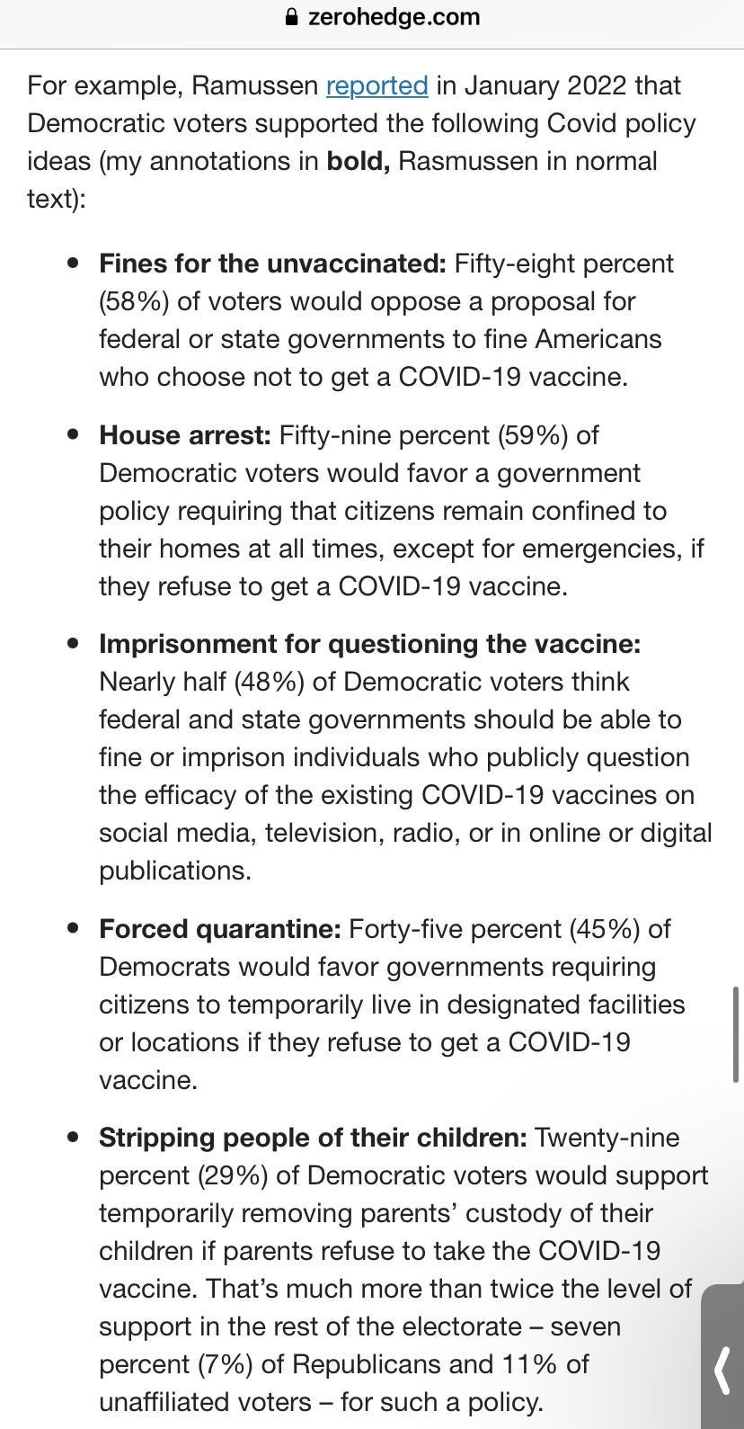 ZeroHedge: Rasmussen Poll on the Unvaccinated