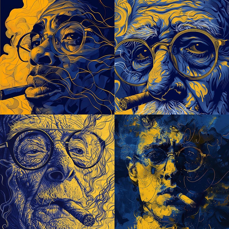 realistic portrait of man with glasses, cigar and smoke, in yellow and dark blue tones