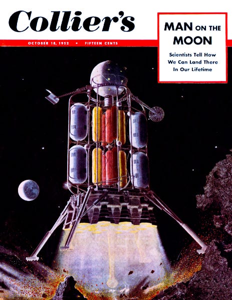 Landing on the Moon, Collier’s, October 18, 1952, cover (Credit: Collier’s, Chesley Bonestell)