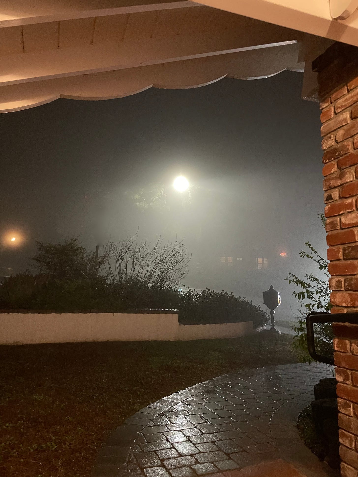 A view from a front porch on a rainy night. There's a brick wall to the right, a woden trellis overhead. There's a light fog and trees and bushes silhouetted in the street light.
