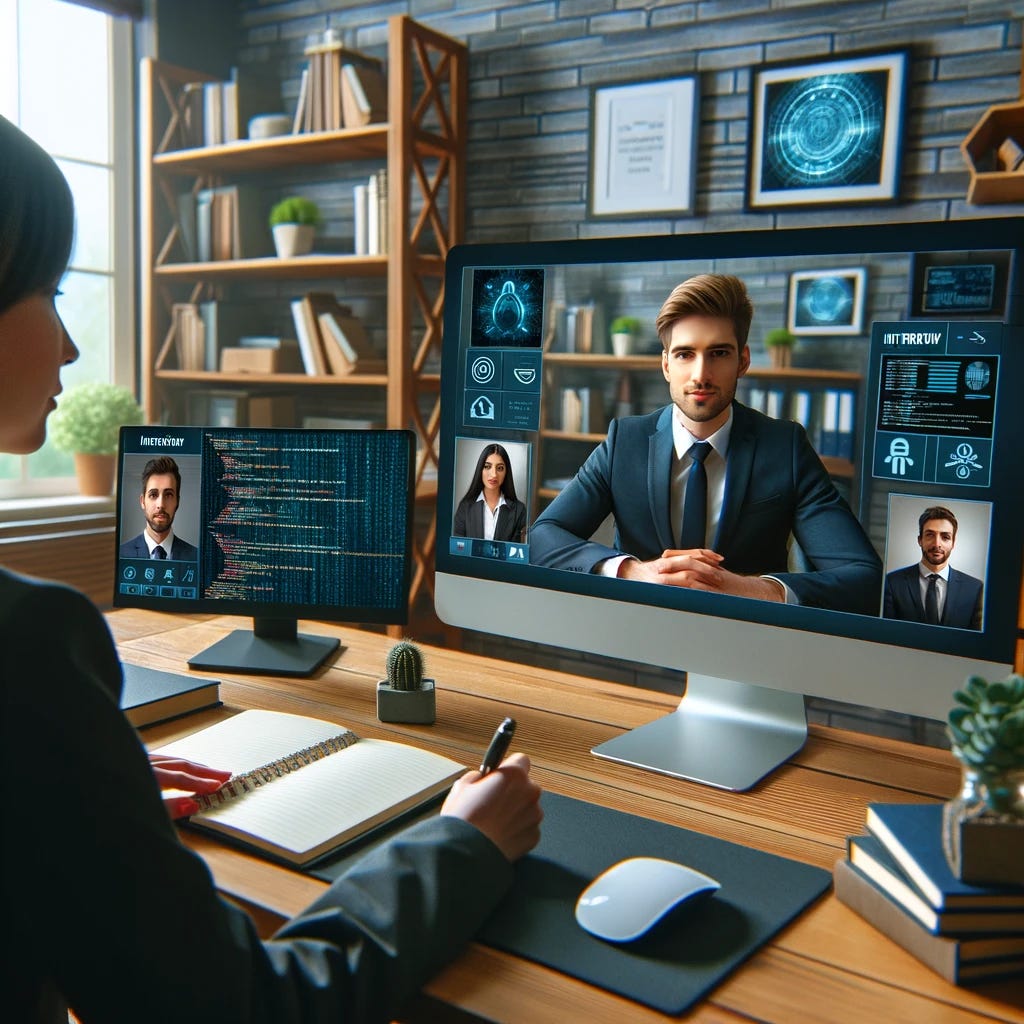 DALL·E depicting an interviewer and an interviewee engaging in a job interview for a cybersecurity role, conducted over a video stream