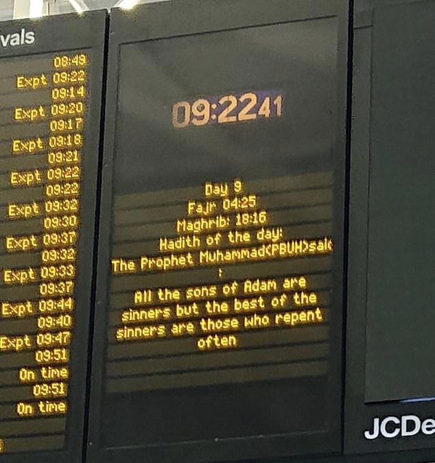 A hadith saying 'All the sons of Adam are sinners' was displayed on a board at King's Cross