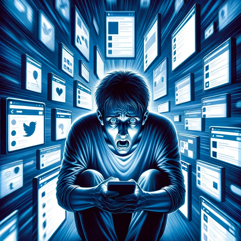 An illustration depicting the concept of social media use leading to anxiety disorders. The image features a central figure, overwhelmed and surrounded by a multitude of screens displaying various social media platforms. The screens emit a harsh, blue light, casting shadows on the figure's anxious face. The figure's posture is hunched, symbolizing stress and discomfort. In the background, faint silhouettes of social media icons float around, adding to the chaotic atmosphere. The overall color scheme is cool-toned, with blues and grays dominating, to convey a sense of digital coldness and emotional strain.