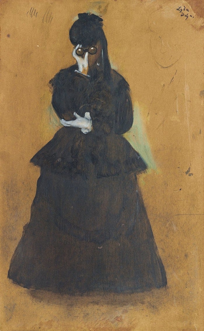A painting dated circa 1870 of a woman in a long black period dress looking through a pair of binoculars and on a mustard-coloured background