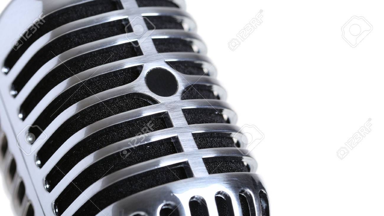 Silver Old Fashioned Stage Microphone Closeup Isolated On White Backgroung.  Karaoke, Vocal Learning, Music Shop Or Radio Concept. Retro Style Mic Ready  To Rock Stock Photo, Picture And Royalty Free Image. Image