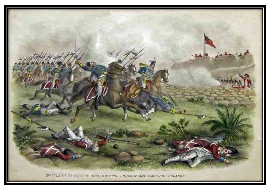 Battle of Savannah, Oct. 9th, 1779: Charge and Death of Pulaski (Kurz & Allison lithograph; 1890)