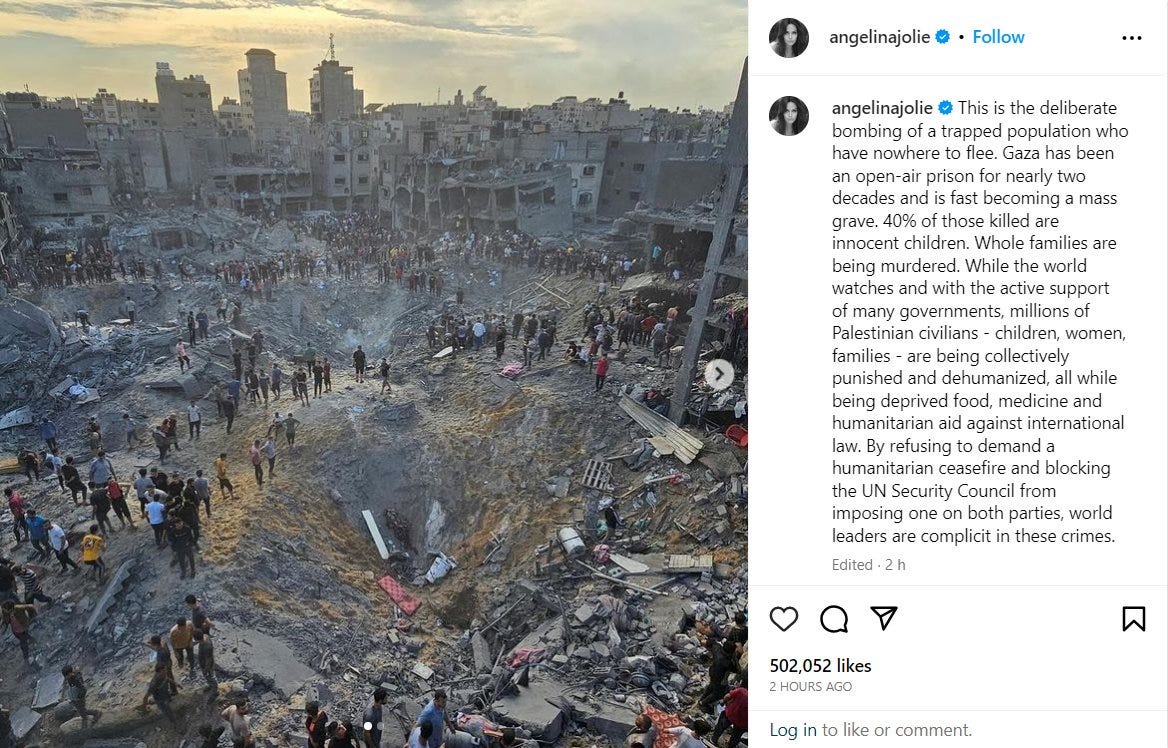 Quds News Network on X: "Following her Instagram post criticizing #Israel's  bombardment of Jabalia refugee camp, which wiped out an entire block,  Israeli media started a campaign against Holywood star Angelina Jolie
