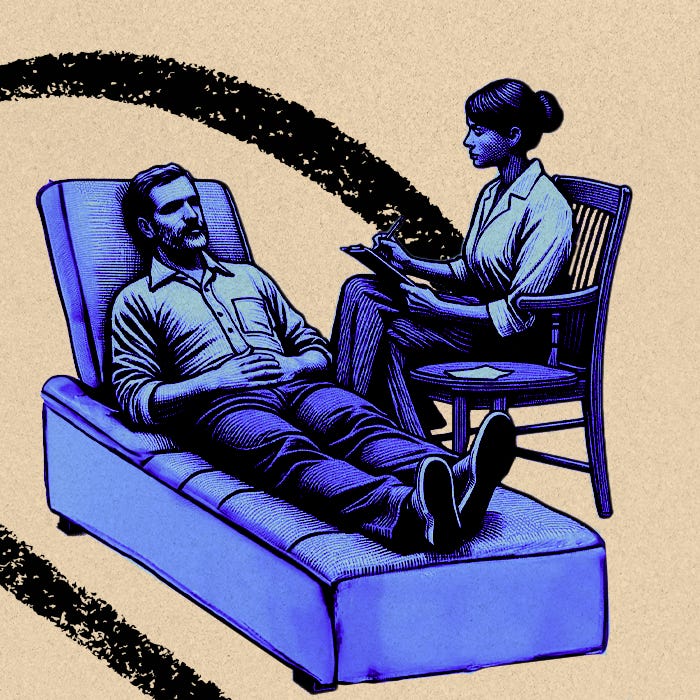 Man ligt op sofa, benen gestrekt, relaxed. Vrouw zit op stoel er naast. Maakt aantekeningen. Figuren paars, achtergrond beige