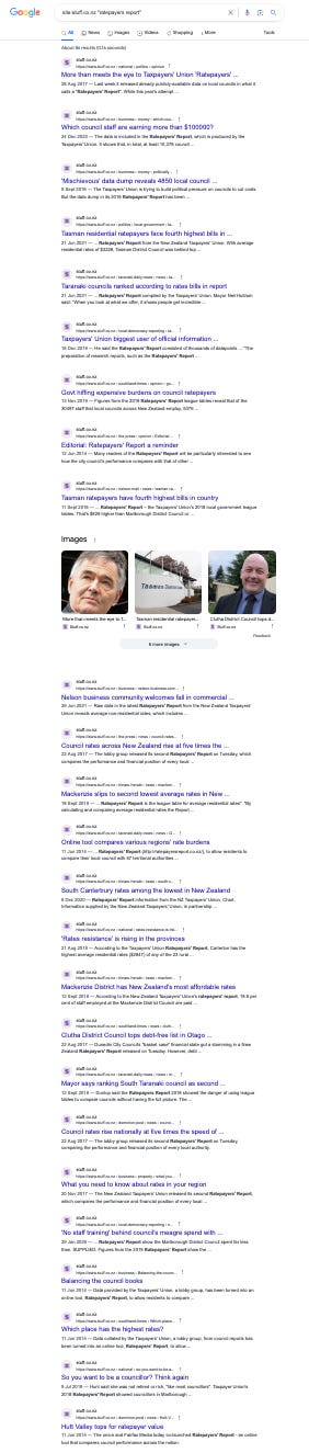A page of Google results from the Stuff.co.nz site for "Ratepayers' Report"