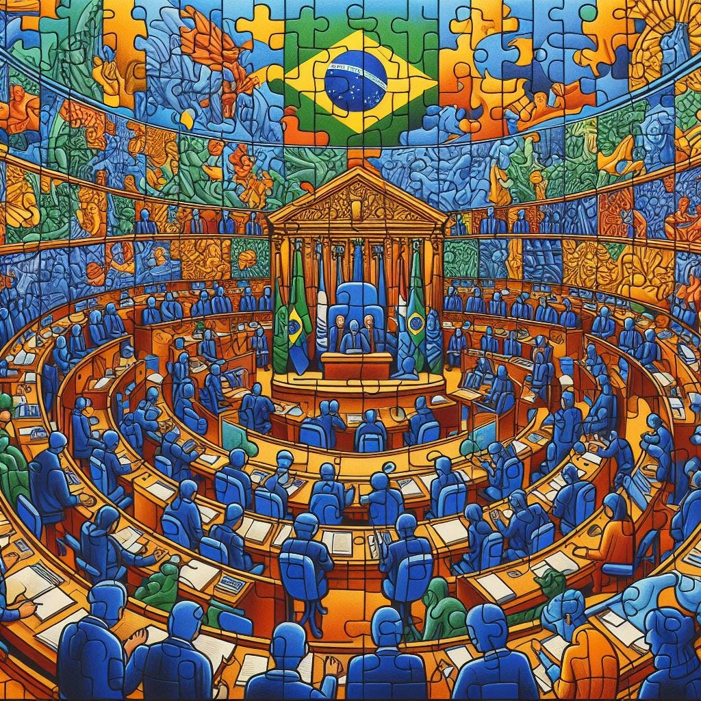 legislative puzzle: diverse unique pieces form a cohesive picture, connected to represent the consolidation of proposals in brazilian congress. Yayoi Kusama painting style.