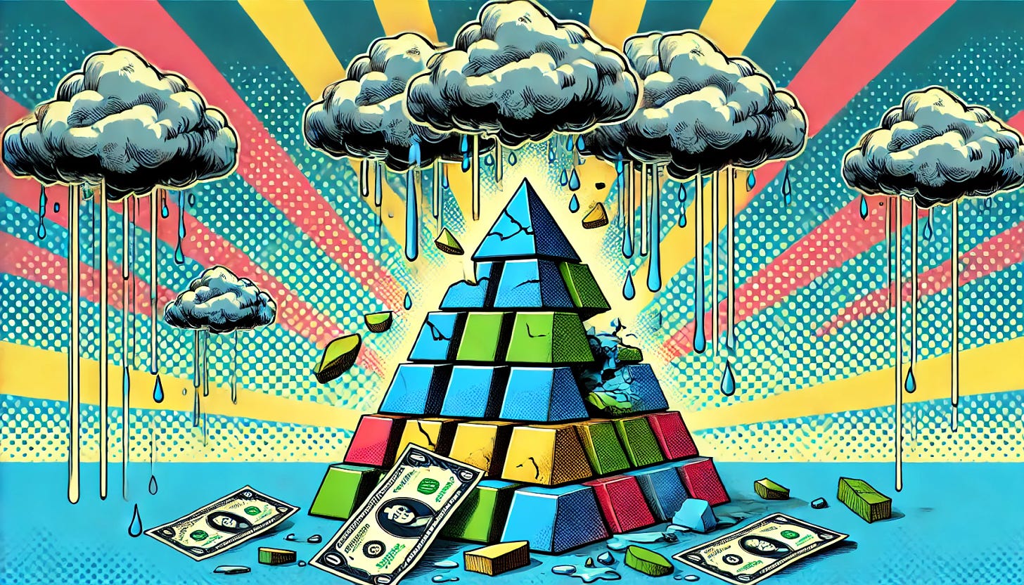 A vibrant, stylized pop-art style illustration featuring a pyramid made of crumbling or broken blocks with a torn banknote draped over it. Above, dark clouds are forming with rain pouring down, symbolizing financial trouble and collapse. The color palette is bright but includes some muted blues and grays for the rainy elements. The scene should feel dynamic, with a mix of energy and distress, evoking the sense of a collapsing pyramid scheme. The composition should follow a 16:9 aspect ratio.