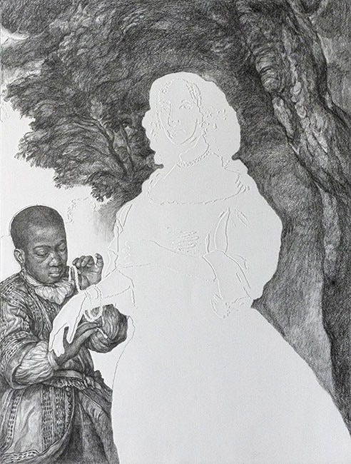 A modern interpretation of an eighteenth century painting, part of the Vanishing Point series by Barbara Walker. In these works, the lone Black figure who is usually a servant or enslaved, is presented as a detailed graphite drawing, while all of the White European aristocrats are transformed into a plain white embossing along with the background.