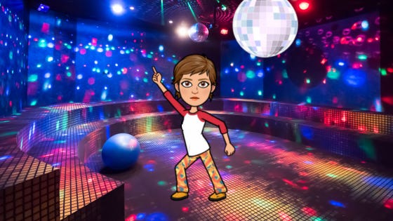 Bitmoji of the author with short brown hair, wearing obnoxious patterned pants and a white t-shirt with 3/4 length red sleeves. Beneath a huge disco with laser lights whirling all around, she points her finger in the air and strikes a dramatic pose, staring at you oh-so-seriously.
