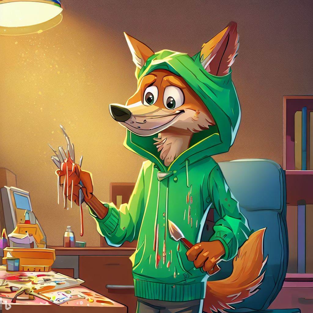 A cartoon coyote wearing a green hoodie working in an office while painting