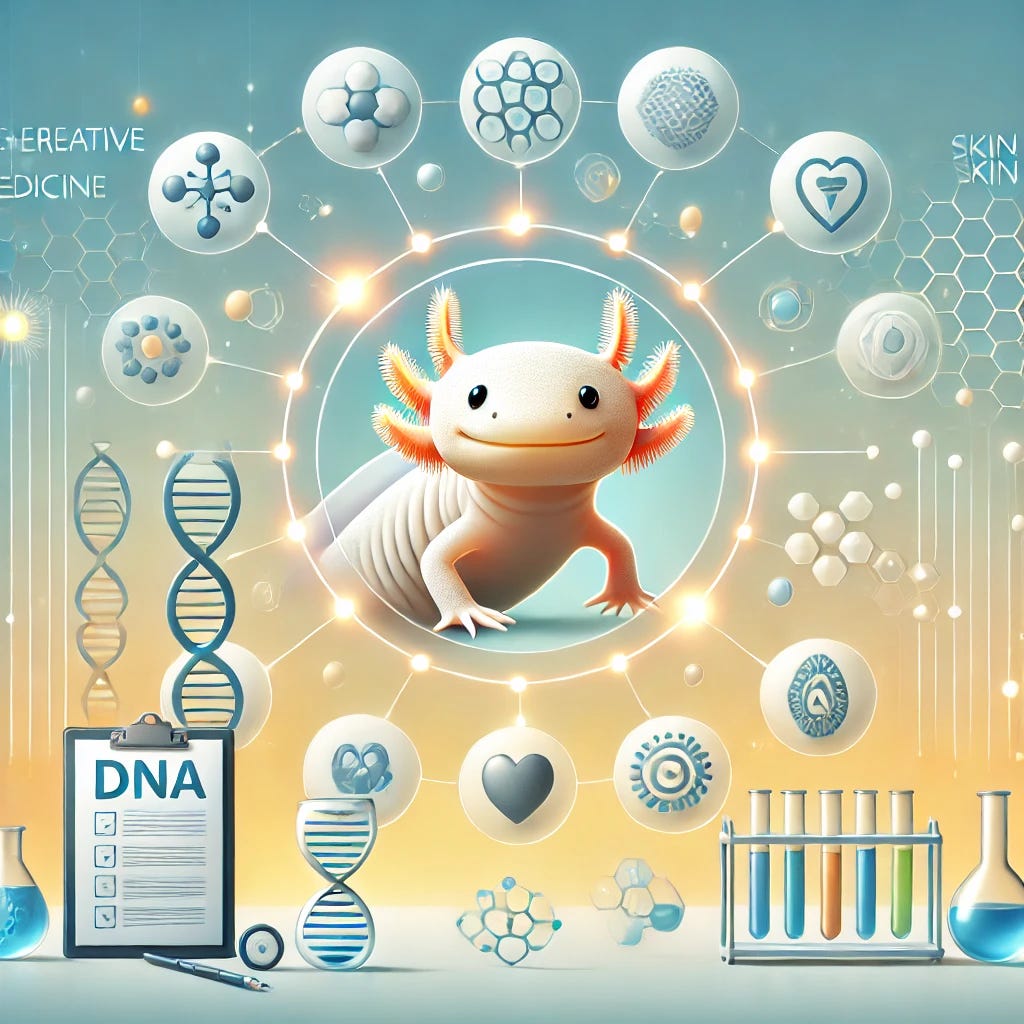 A professional medical illustration showcasing the theme of regenerative medicine inspired by axolotl research. The image features a stylized axolotl surrounded by glowing DNA strands and icons representing skin regeneration and healing. The background is clean and modern with soft gradients, symbolizing innovation and positivity. Key elements include simplified depictions of human skin layers regenerating, a circular frame emphasizing the interconnectedness of science and nature, and symbols of clinical trials, such as test tubes and a clipboard. The overall design is approachable and informative, avoiding excessive detail or unsettling features, and uses a bright and optimistic color palette.