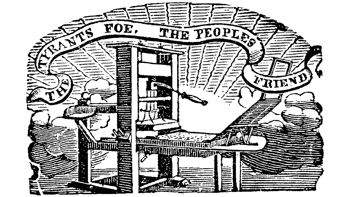 [ALT/CAPTION: An old-time engraving image cut from the Dover archives. A printing press with a ribbon-banner floating over it reading “THE TYRANTS FOE, THE PEOPLES FRIEND”  