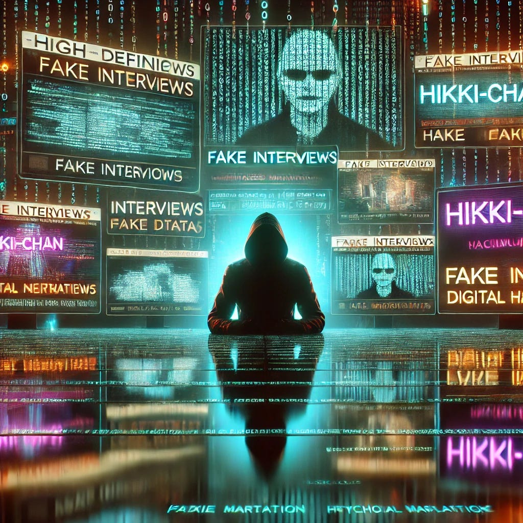 A high-definition conceptual image illustrating the manipulation of digital narratives. The image shows a hacker figure, styled as a dramatic silhouette in front of multiple computer screens displaying fake interviews, fabricated data, and glowing binary code. The screens emphasize a mix of intimidation tactics and media manipulation, with one screen prominently displaying 'Hikki-Chan' in bold text. The background is dark and moody, with neon highlights and a surreal blend of digital and psychological warfare elements. Designed to evoke curiosity and the blurred line between reality and fiction in cybersecurity storytelling.