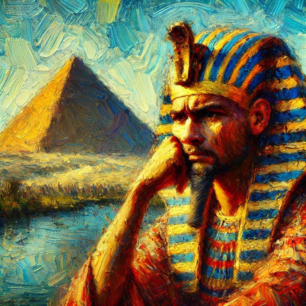 A sulky Egyptian pharoah stares at the Great Pyramid of Giza. Impressionist style.