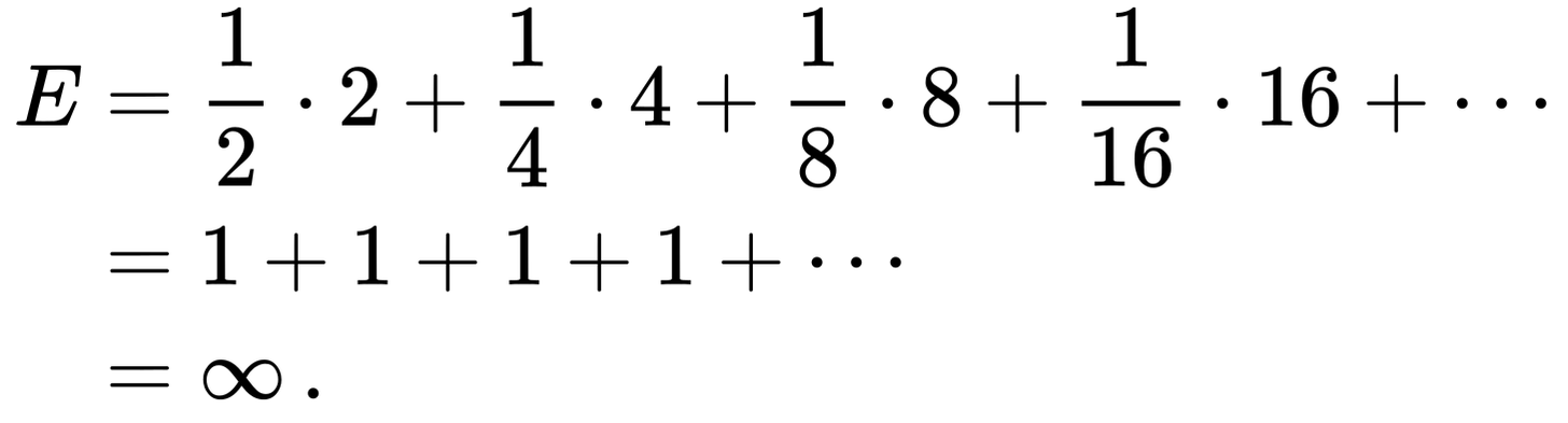 {\displaystyle {\begin{aligned}E&={\frac {1}{2}}\cdot 2+{\frac {1}{4}}\cdot 4+{\frac {1}{8}}\cdot 8+{\frac {1}{16}}\cdot 16+\cdots \\&=1+1+1+1+\cdots \\&=\infty \,.\end{aligned}}}