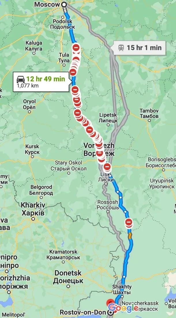 r/MapPorn - Map of roadblocks on main road between Rostov and Moscow