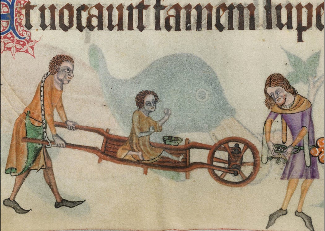 A medieval painting depicting a man pushing a kid with disability in a cart
