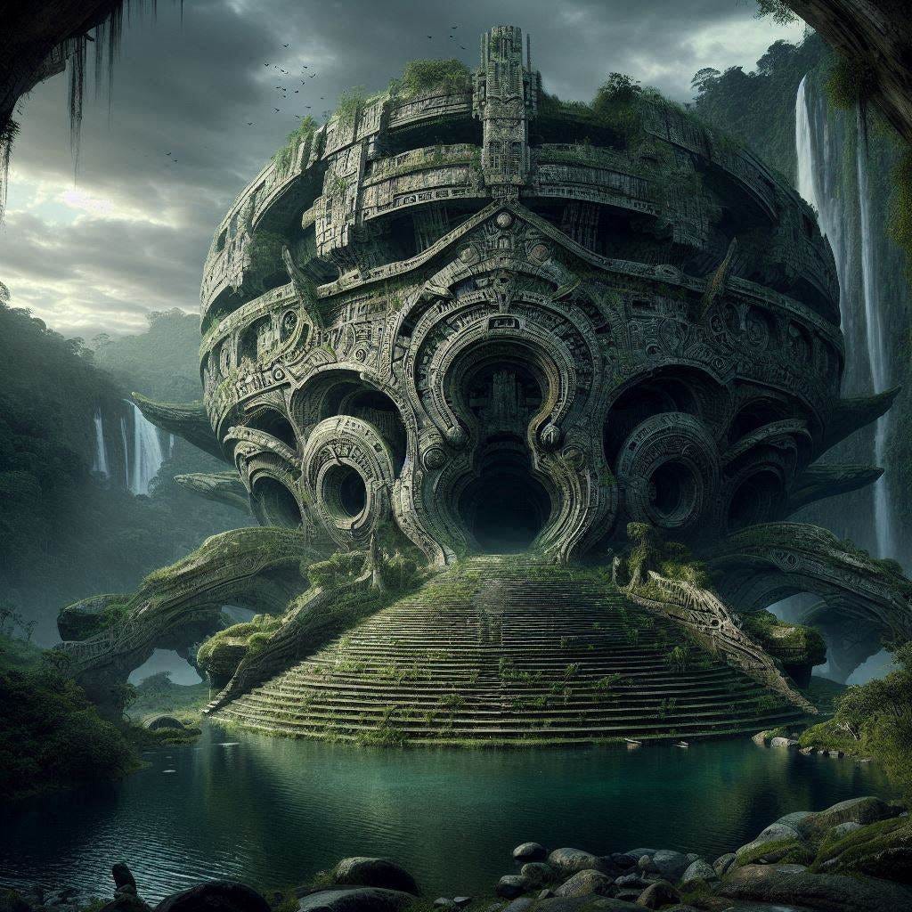 an ancient sci-fi alien temple in the Brazilian rainforest