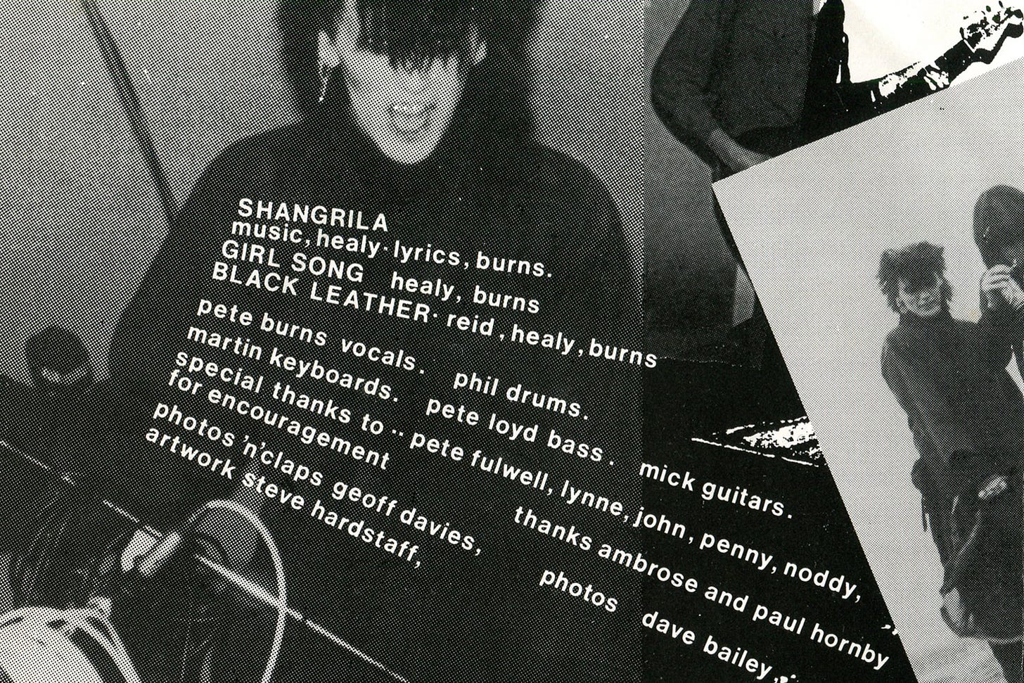 The inner sleeve of the Shangri-La EP by Nightmares in Wax, with a black and white photo of Pete Burns.