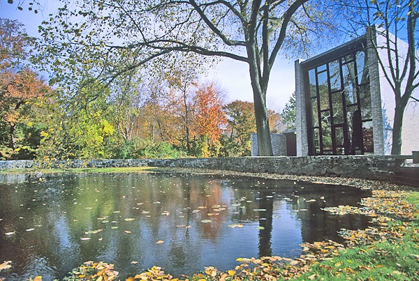 The Chapels overlooking a pond a courtyard at Brandeis University.