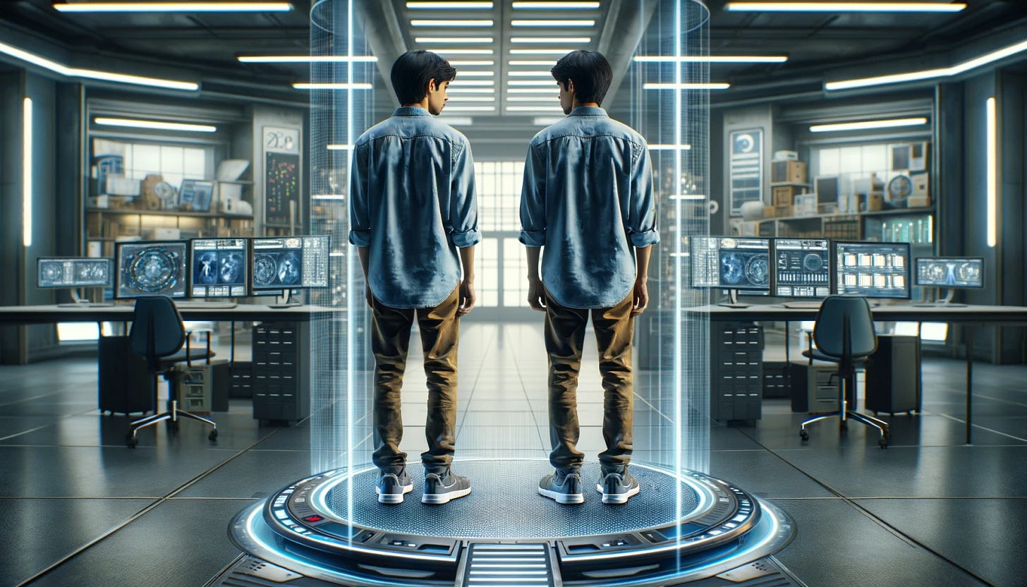 Two identical South Asian male software developers standing side by side on a teleportation-like pad in a laboratory, viewed from behind in a 16:9 landscape format. One is standing upright, attentively looking forward. The other is bending slightly, looking down at his shoes with curiosity. They are wearing the same casual attire. The laboratory is filled with futuristic high-tech equipment, screens displaying data, and advanced scientific gadgets, emphasizing a setting of innovation and discovery.