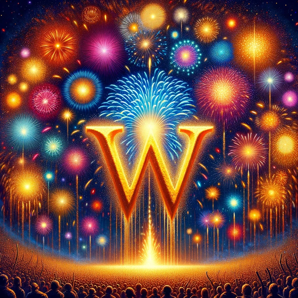 An artistic celebration of the mathematical constant w = 0.57546... depicted in a vibrant explosion of fireworks. The centerpiece is a golden lowercase 'w' with the number 0.57546... prominently displayed. The fireworks radiate in a multitude of colors, creating a dazzling and festive atmosphere that highlights the significance of the discovery. The scene is set against a dark night sky to emphasize the brilliance of the fireworks and the golden 'w'.