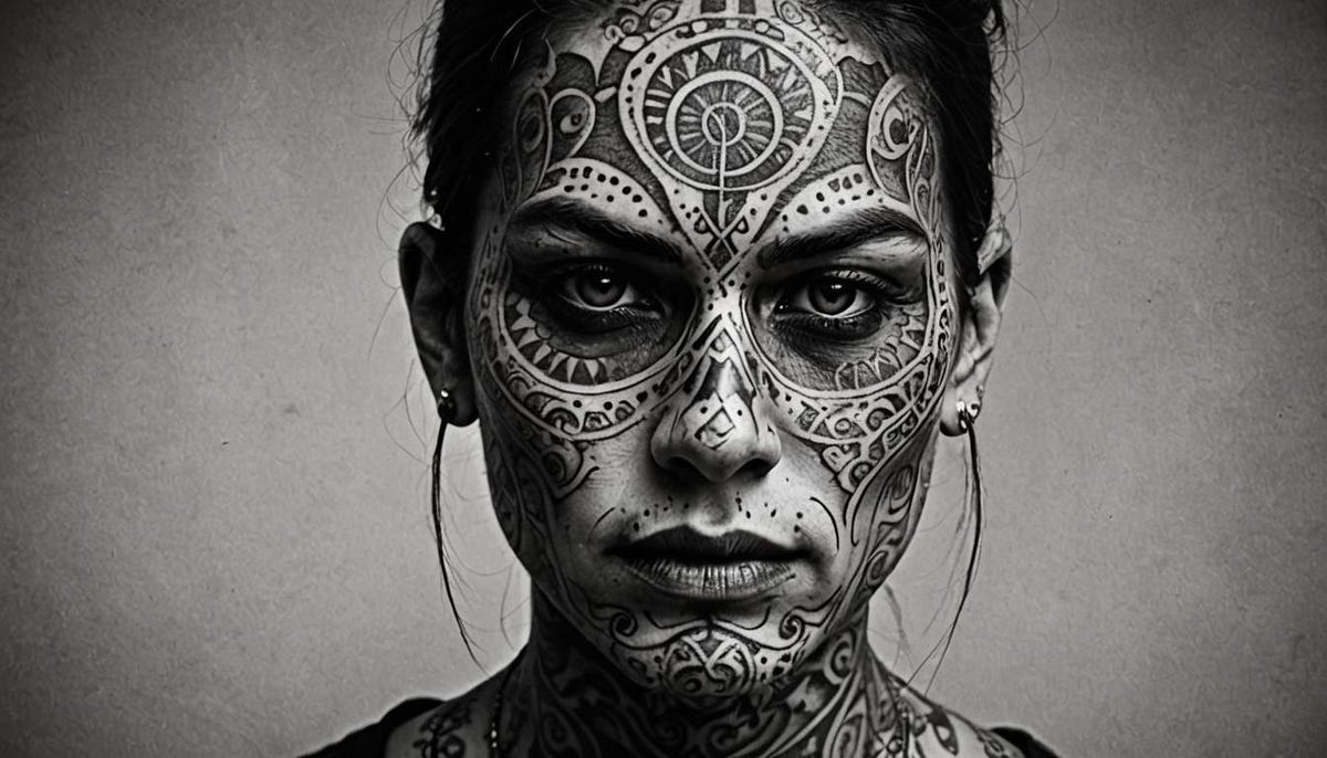 Black and white depiction of lady with tatooed face