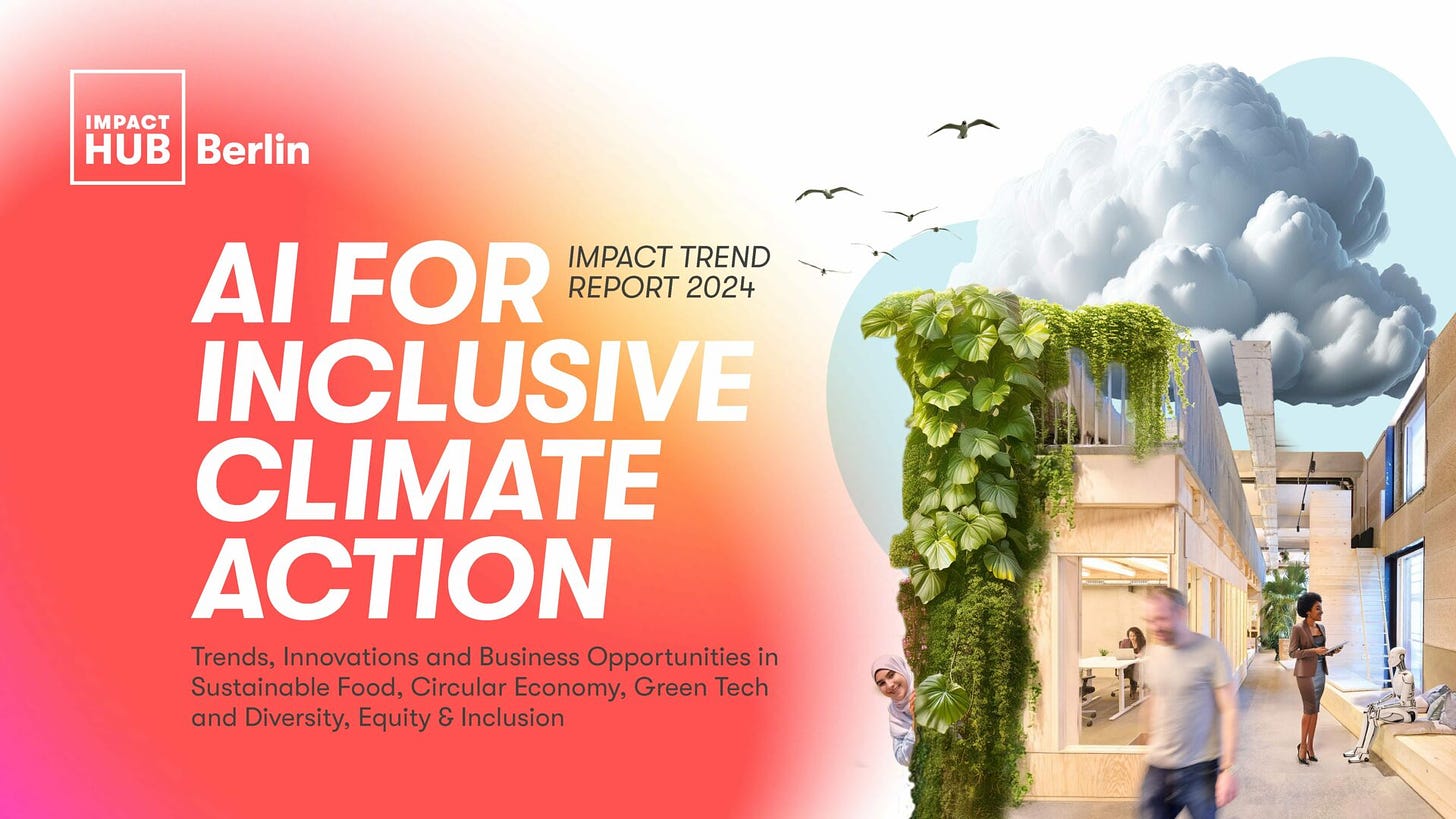 Image of a wooden coworking space, birds and clouds over and open roof, partially overgrown with green plants, people working, walking, and talking to a robot; caption: Impact Trend Report 2024 - AI for Inclusive Climate Action - Trends, Innovations and Business Opportunities in Sustainable Food, Circular Economy, Green Tech and Diversity, Equity and Inclusion.