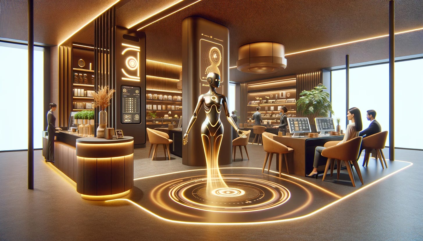 An image of a futuristic marketplace with an AI helper, set within a modern, high-tech office environment. The color palette is sophisticated, dominated by brownish, golden, and bronze tones. The AI helper is depicted as a sleek, humanoid robot or holographic figure, assisting customers with their purchases. It interacts with clients, providing information and recommendations on products. The office setting is advanced, featuring interactive digital displays and futuristic decor that complement the color scheme. The atmosphere is warm and inviting, yet distinctly futuristic, illustrating how AI technology seamlessly integrates into the customer service experience in a sophisticated marketplace.