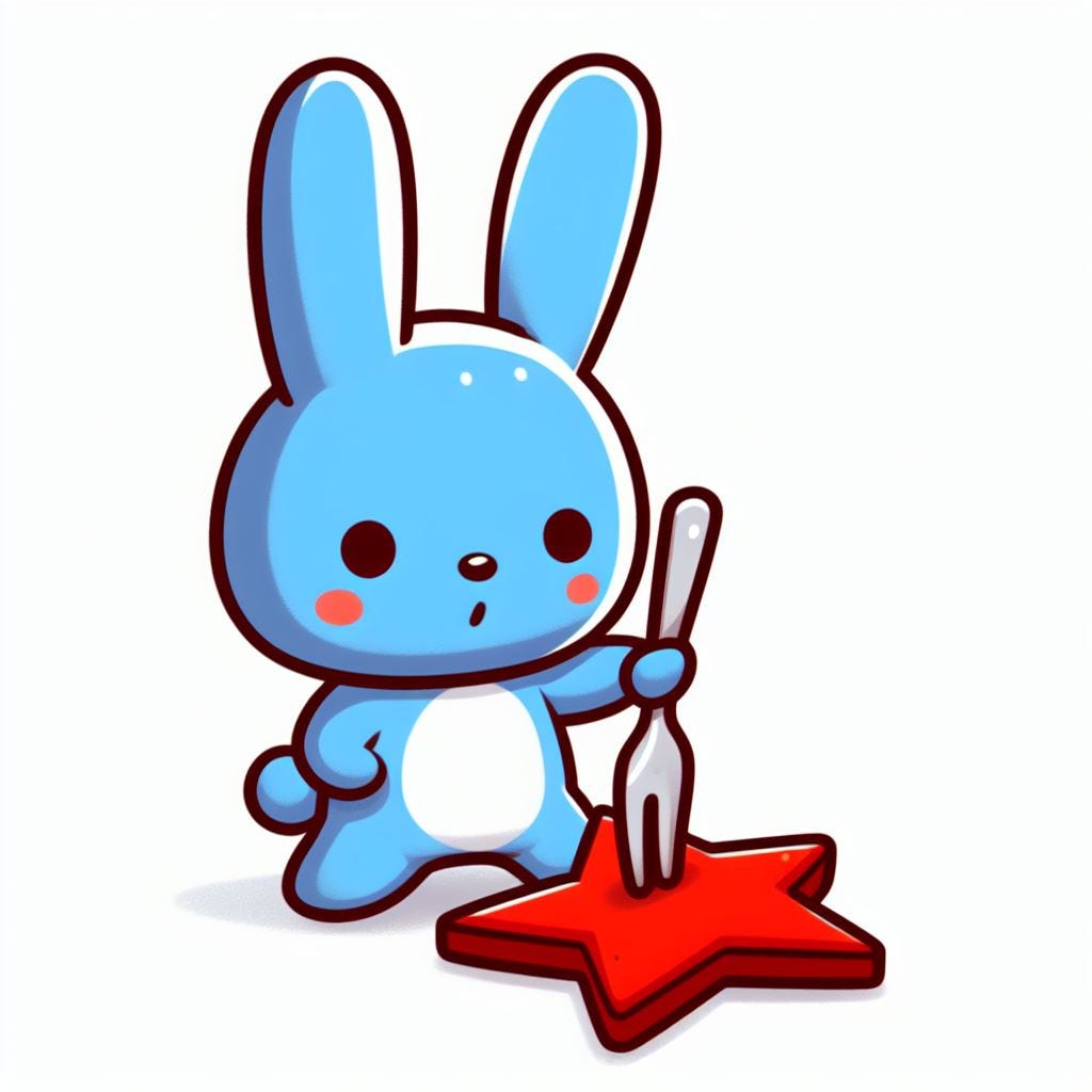 a blue rabbit holding a fork and stabbing a red star