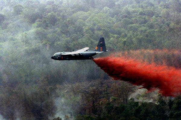 An aircraft spraying Agent Orange during the Vietnam War.