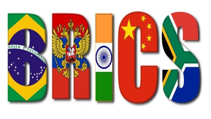 BRICS logo with country flags as each letter
