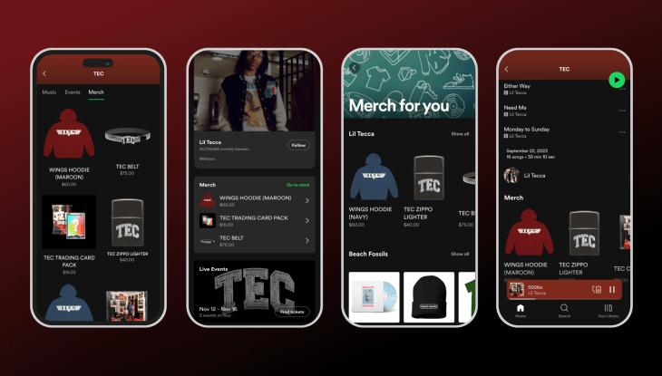 Four screenshots of Spotify's new merch hub