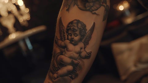 Photo of a cute baby style guardian angel tattooed on the forearm.