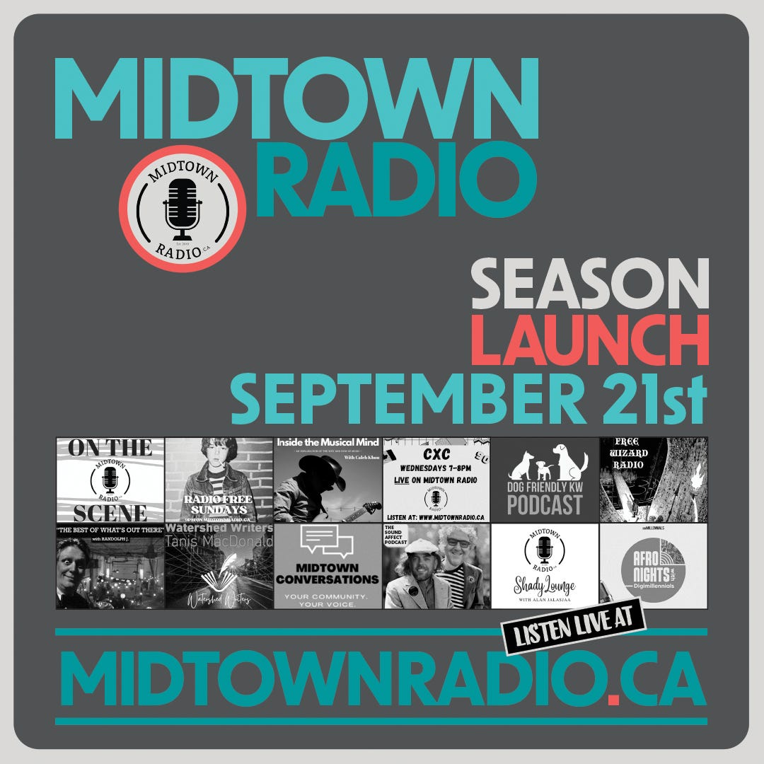 Season Launch poster notes the new season starts September 21st. Listen live at midtownradio.ca