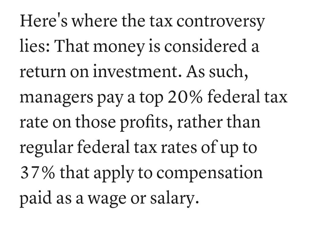 May be an image of text that says 'Here's where the tax controversy lies: That money is considered a return on investment. As such, managers pay a top 20% federal tax rate on those profits, rather than regular federal tax rates of up to 37% that apply to compensation paid as a wage or salary.'